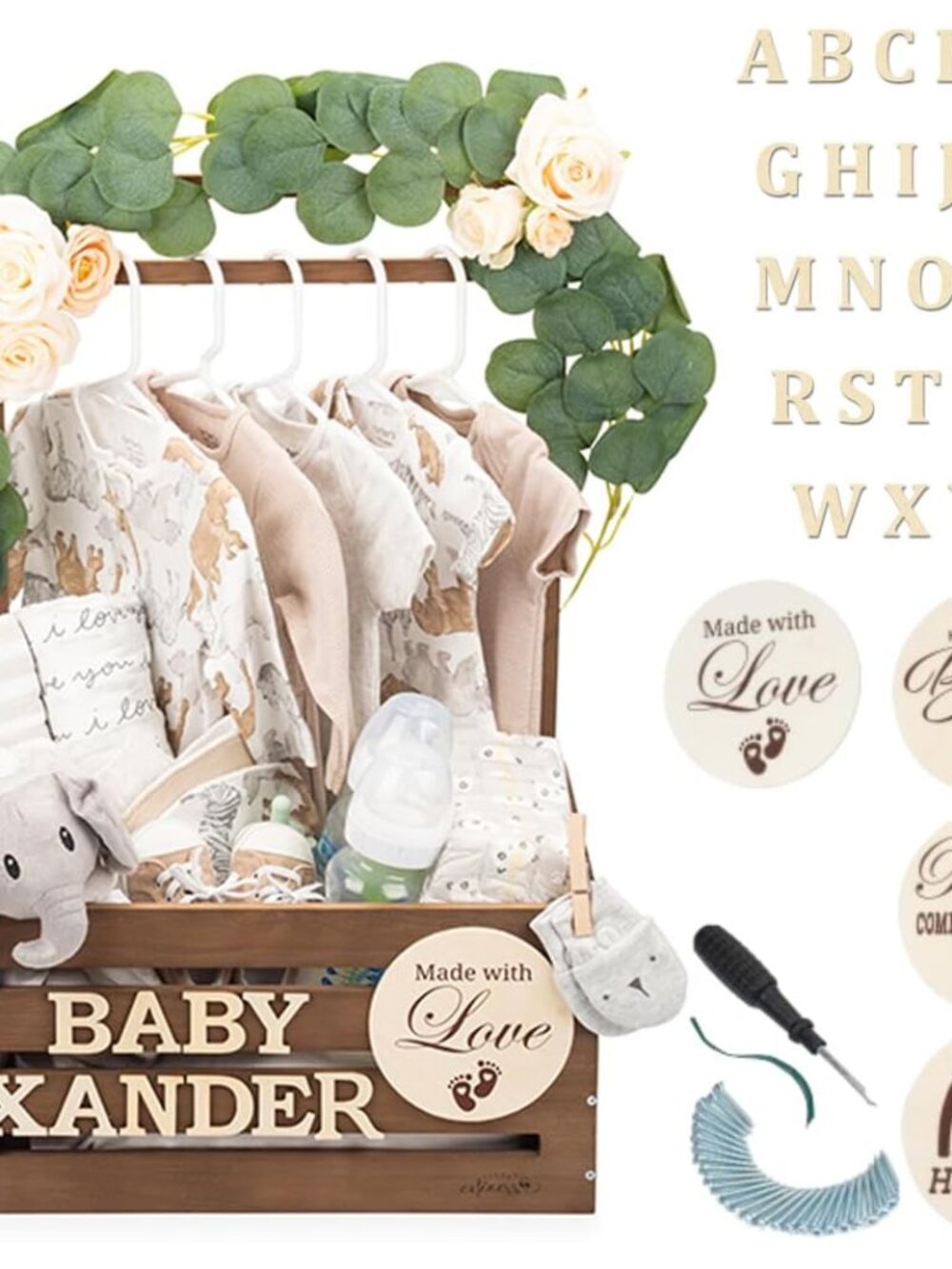 Wooden Baby Shower Crate Closet, Personalized Baby Shower Basket, Brown